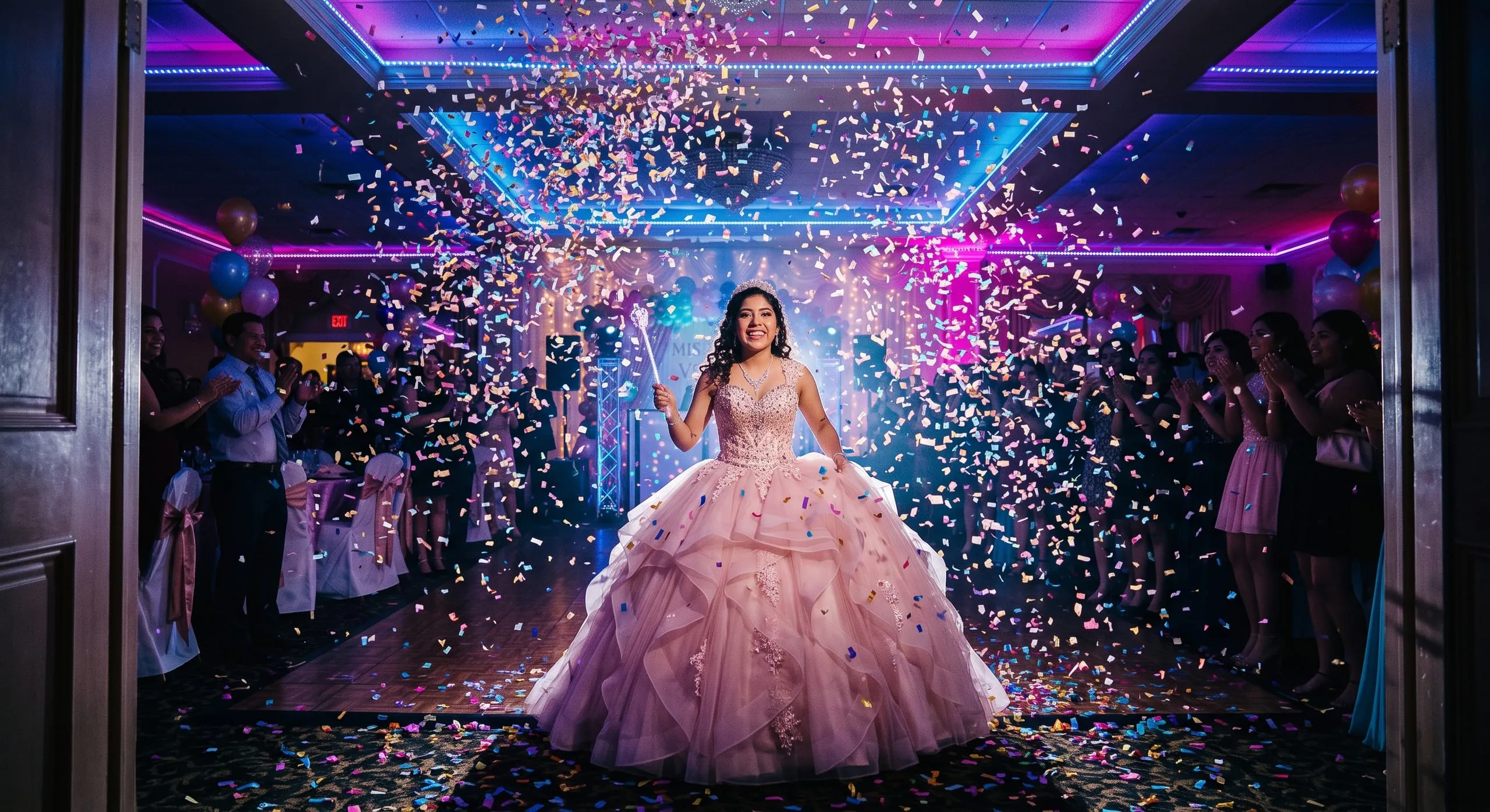 Quinceañera bajo una lluvia de confeti