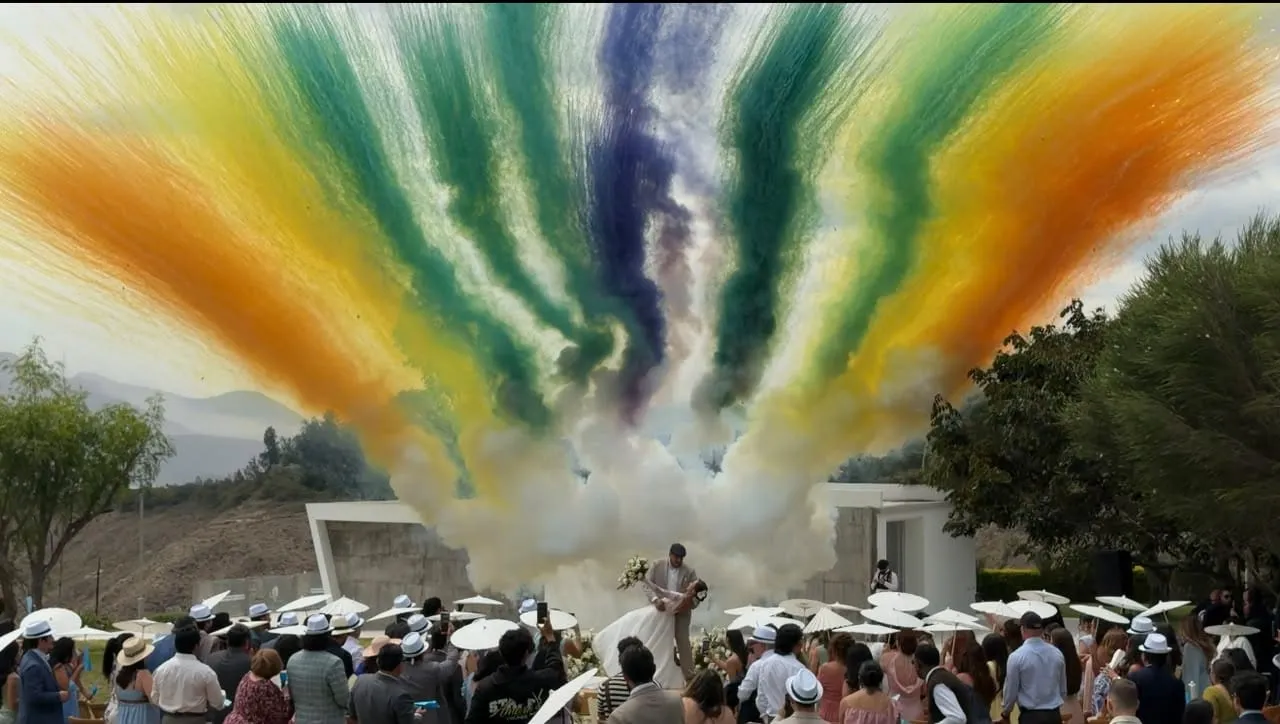 Humo de colores en una boda al aire libre