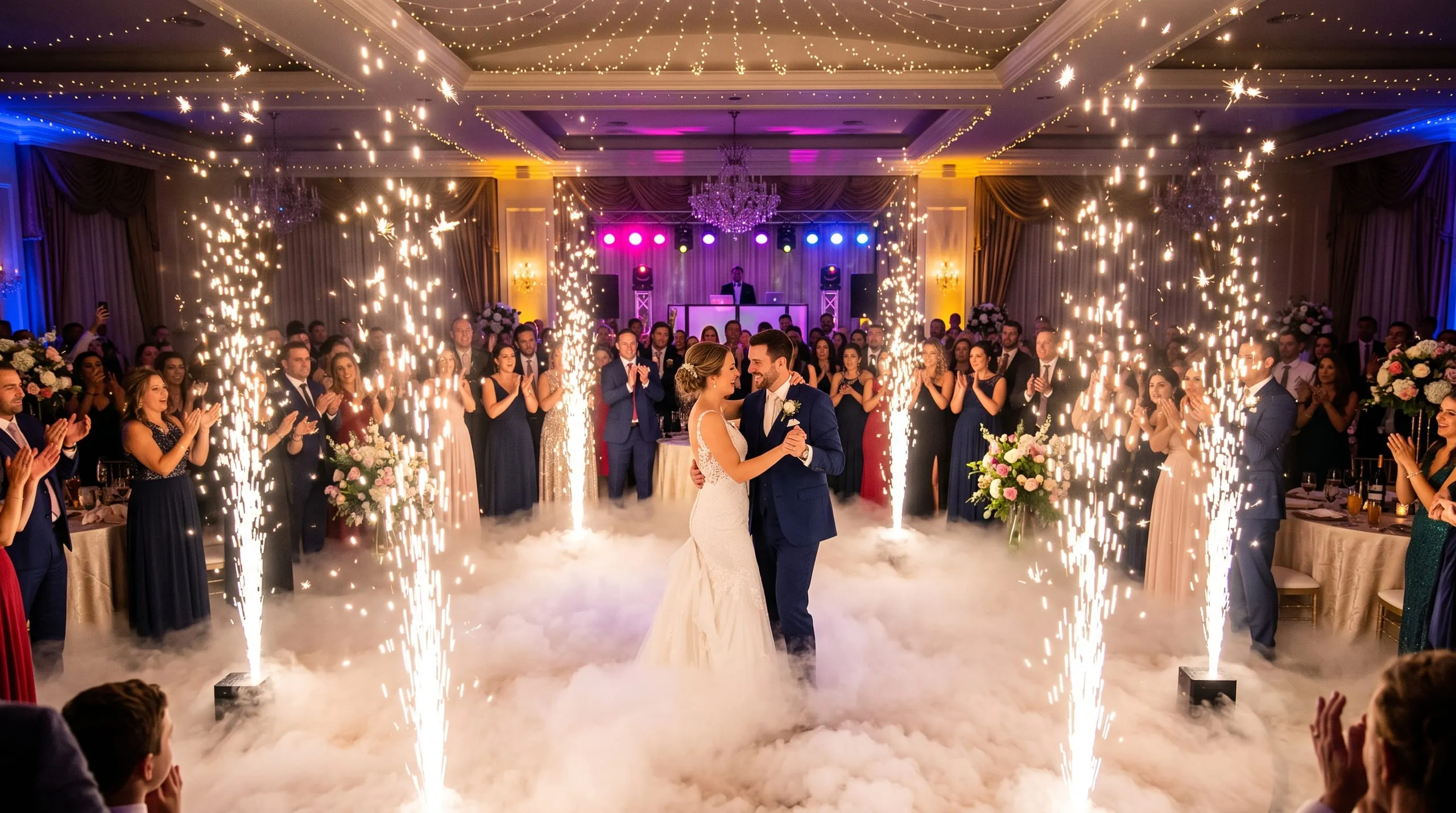 Baile de novios con neblina y chispas frías