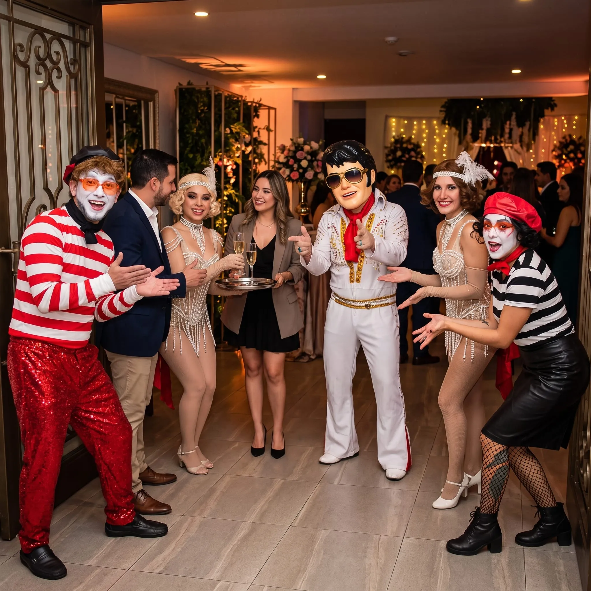 Rosas doradas, personajes plateados y bailarinas con alas recibiendo a los invitados